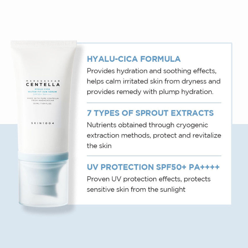 SKIN1004 Hyalu-Cica Water-Fit Sun Serum SPF50+ PA++++ – 50ml – Lightweight Korean Sunscreen for Sensitive & Oily Skin in Bangladesh.