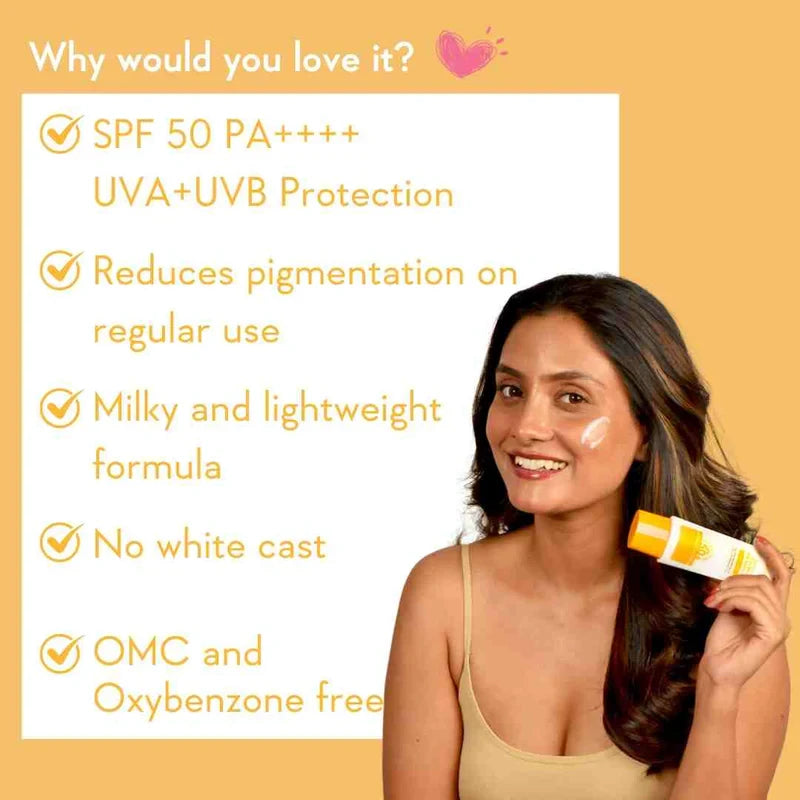 Woman holding a sunscreen product with text highlighting its features on a yellow background