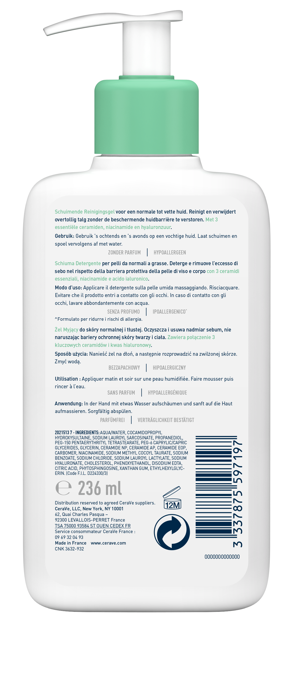 CeraVe Foaming Cleansing Gel for Face and Body, Normal to Oily Skin (Gel Moussant 236 ML)